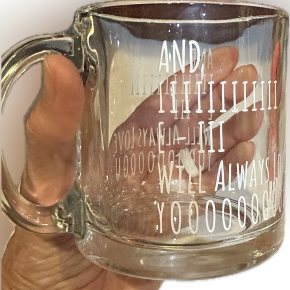 CLEAR GLASS ROMANTIC COFFEE COCOA SOUP MUG CUP GIFT “AND I WILL ALWAYS LOVE YOU” - Picture 4 of 7